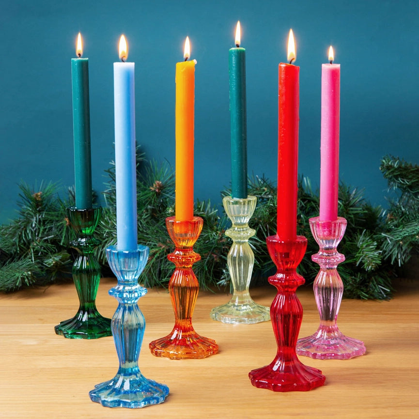 Colorful Glass Taper Candle Holders - 6.5H inches