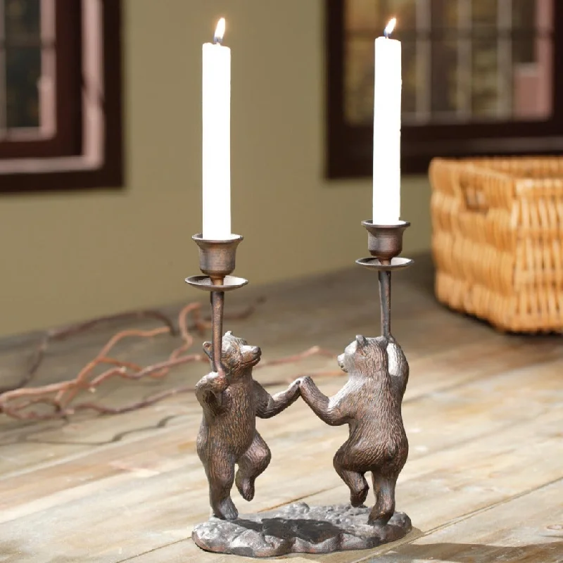 Brown Metal Dancing Bear Taper Candle Holder