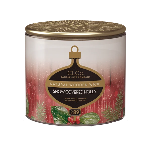 Snow Covered Holly Wooden-Wick 14oz Jar Candle